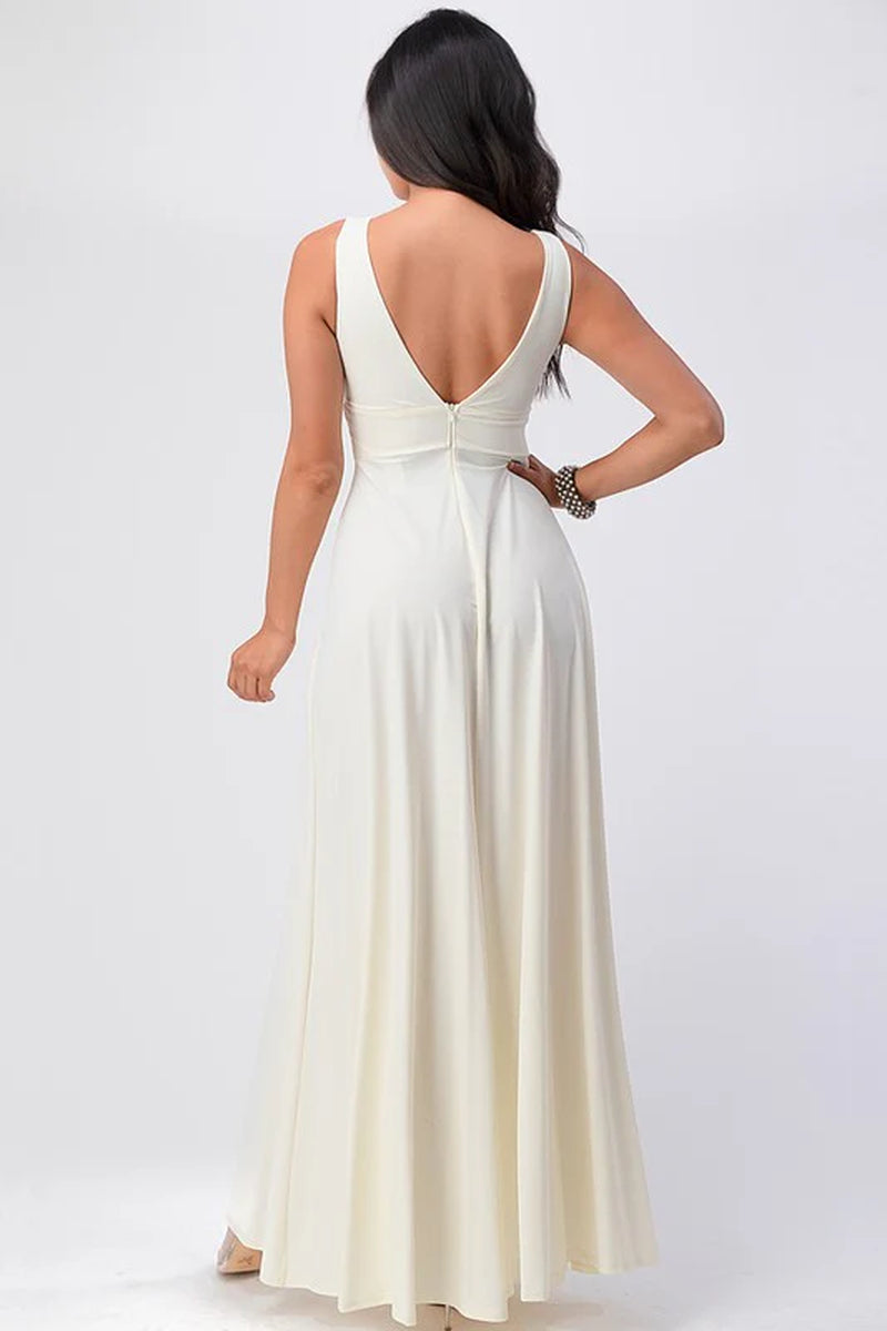 Dull Tricot Deep V Neck a Line Dress