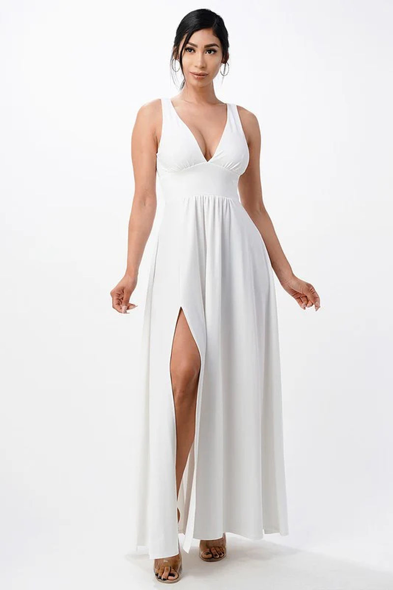 Dull Tricot Deep V Neck a Line Dress