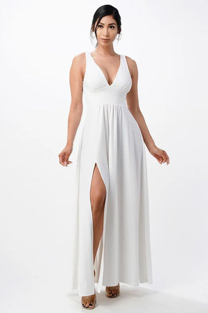 Dull Tricot Deep V Neck a Line Dress