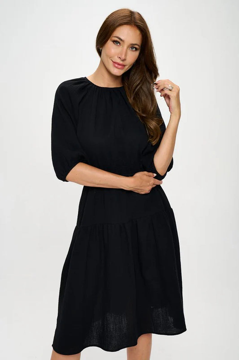 Made in USA Cotton 3/4 Sleeve Tiered Midi Dress