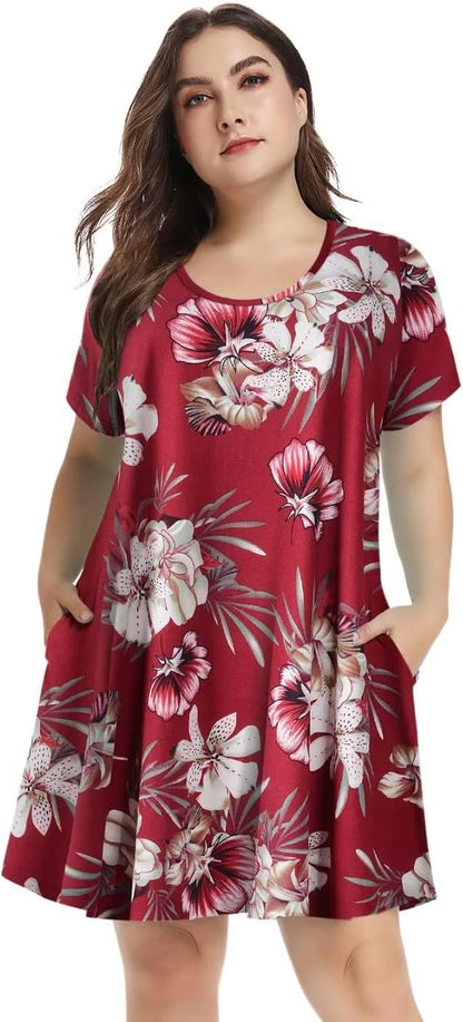 plus Size Dresses for Womens Summer Clothes Casual Floral Tops Short Sleeve T Shirt Dress Swing Sleepwear(A-Winered18 S)