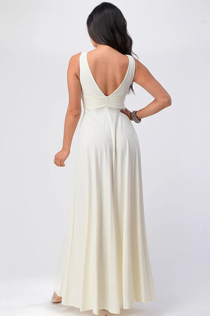 Dull Tricot Deep V Neck a Line Dress