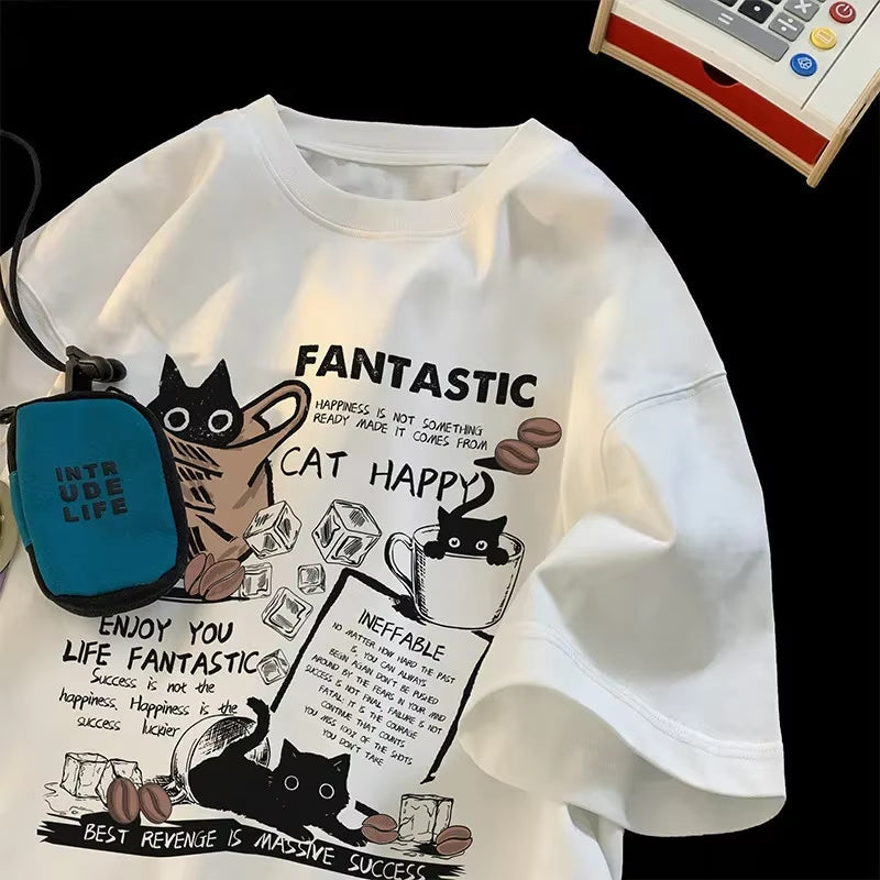 New Men Women T Shirt Pullover Oversize Korean Version Cartoon Cat Group Printed T-Shirt Casual Short Sleeve Couples T-Shirt