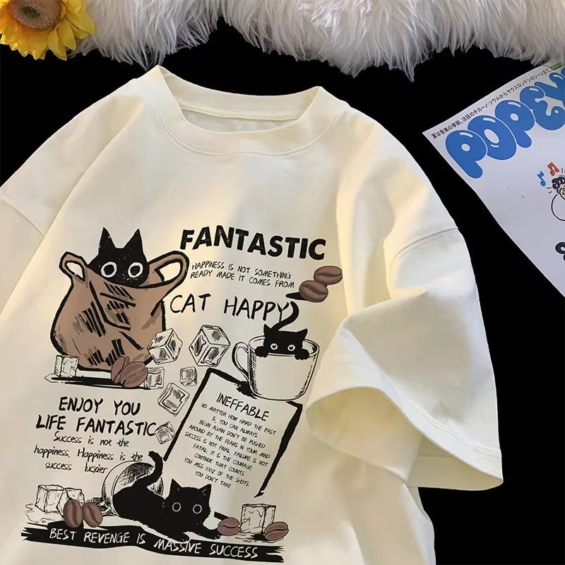 New Men Women T Shirt Pullover Oversize Korean Version Cartoon Cat Group Printed T-Shirt Casual Short Sleeve Couples T-Shirt